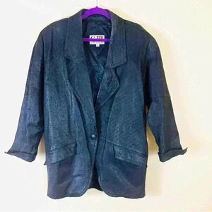 G-III Black Retro Crack Leather “90’s” Shoulder Pad Single Button Blazer Size S